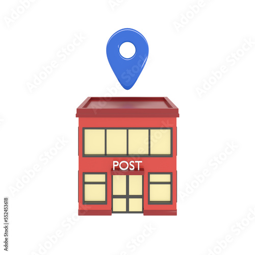 post office building exterior with pin cartoon style 3d rendering
