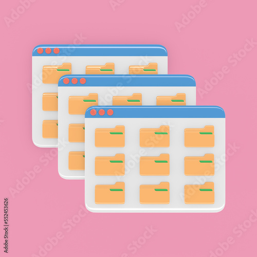 desktop interface windows cascade with folders simple cartoon ui 3d rendering