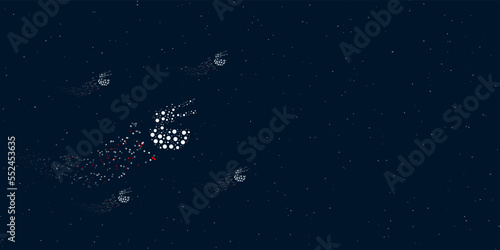 A noodle symbol filled with dots flies through the stars leaving a trail behind. Four small symbols around. Empty space for text on the right. Vector illustration on dark blue background with stars