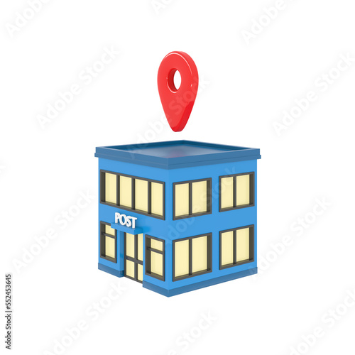 post office building exterior with pin cartoon style 3d rendering