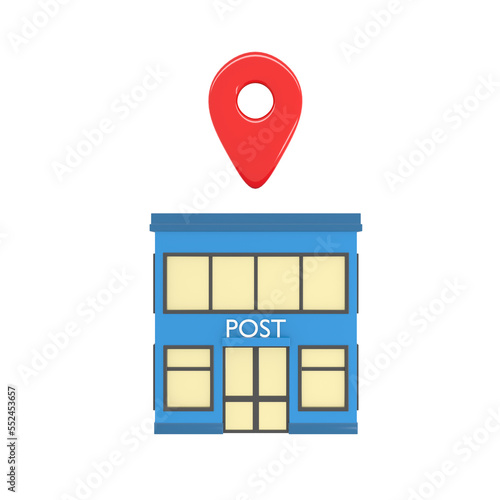 post office building exterior with pin cartoon style 3d rendering