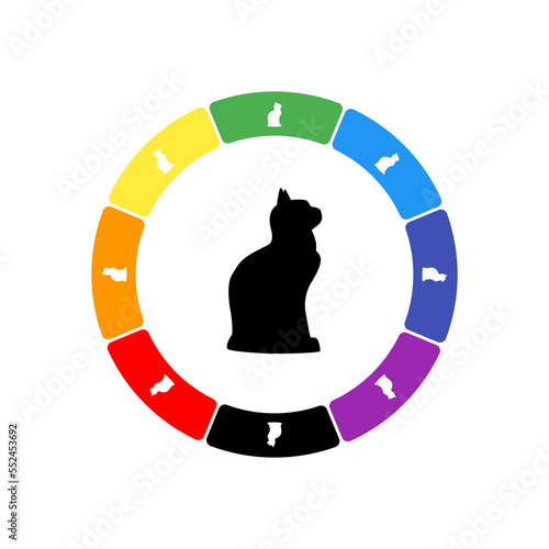 A large black cat symbol in the center, surrounded by eight white symbols on a colored background. Background of seven rainbow colors and black. Vector illustration on white background