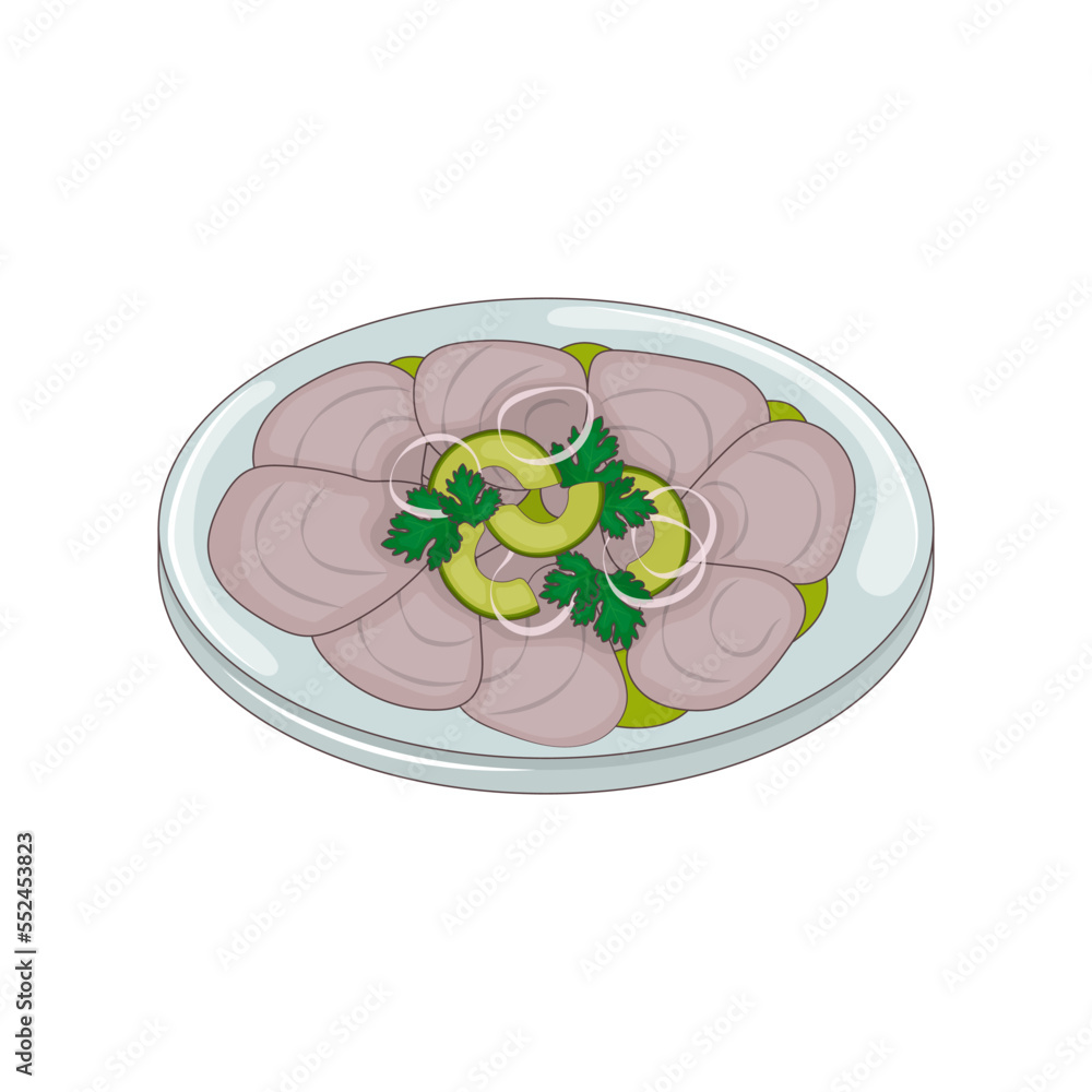 Mexican white fish ceviche - Aguachile. Latin American Cuisine. Seafood with avocado and onions. Vector. Cartoon. Mexican white fish ceviche - Aguachile. Latin American Cuisine. Seafood with avocado and onions. Vector. Cartoon.