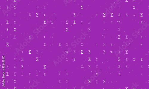 Seamless background pattern of evenly spaced white sigma symbols of different sizes and opacity. Vector illustration on purple background with stars