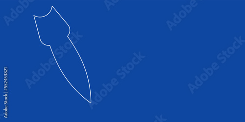 A large white outline falling rocket symbol on the left. Designed as thin white lines. Vector illustration on blue background
