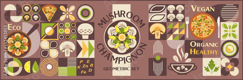 Set of design elements, logo with mushroom champignon in simple geometric style. Abstract shapes. Good for branding, decoration of food package, cover design, decorative print, background.