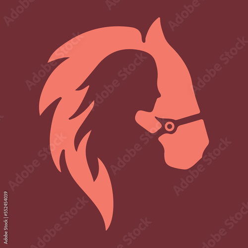 A woman's silhouette within a horse's silhouette forms the same image: art, design, illustration for T-shirt printing, poster, badge wild west style, and American western.