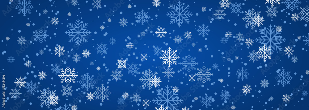 Christmas snowfall, festive mood, snow and swirling snowflakes on wide blue background. New year illustration with snowflakes. Vector illustration Christmas snowfall, festive mood, snow and swirling snowflakes on wide blue background. New year illustration with snowflakes. Vector illustration