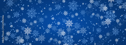 Christmas snowfall, festive mood, snow and swirling snowflakes on wide blue background. New year illustration with snowflakes. Vector illustration
