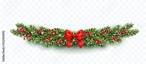 Christmas tree garland decoration with green fir branches, snow, berries, red bow isolated on transparent background. Vector  pine, xmas evergreen plant banner.