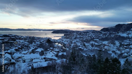 Wallpaper Mural Flight toward the harbor of the coastal town of Osøyro, Bjørnafjorden, Norway during winter. Sunset. Torontodigital.ca