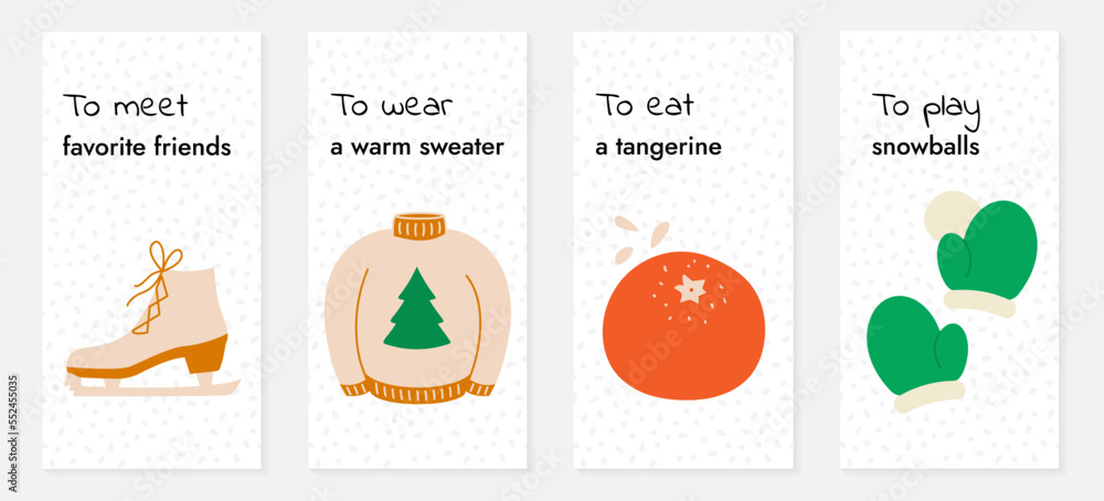 Social media banners on the theme of Christmas, New year. Holiday to-do list. Winter fun. Meet friends on skates. Wear a warm sweater. Eat a tangerine. Play snowballs. Checklist. Vector illustration