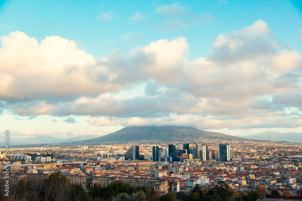 Superb panoramic view of the city of Naples and Mount Vesuvius in the background. Historic part of the southern city in Italy