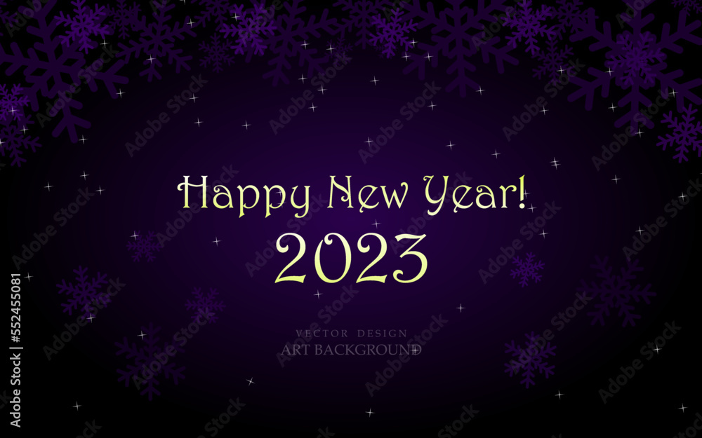 Vector illustration. Happy New Year backgound, Snowflakes on a dark purple background with a soft gradient. Banner, printing of advertising materials, announcements, posters, signs.