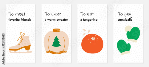 Social media banners on the theme of Christmas, New year. Holiday to-do list. Winter fun. Meet friends on skates. Wear a warm sweater. Eat a tangerine. Play snowballs. Checklist. Vector illustration
