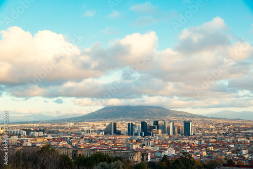 Superb panoramic view of the city of Naples and Mount Vesuvius in the background. Historic part of the southern city in Italy