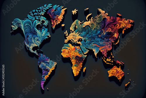 ai generative illustration of a colorful abstract map of the world on dark background
