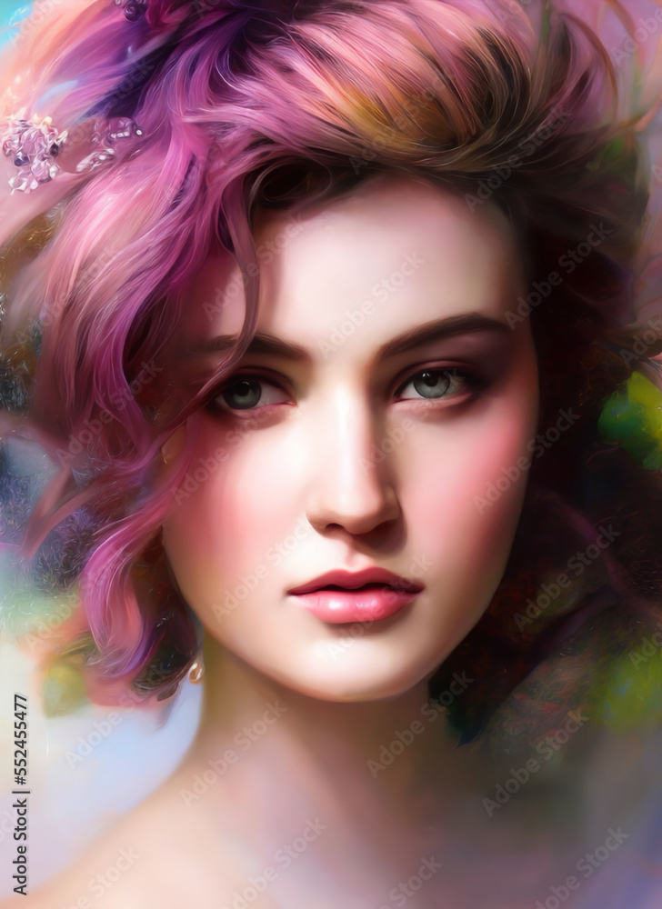 Colorful painting of a beautiful woman's face, Portrait of a beautiful woman