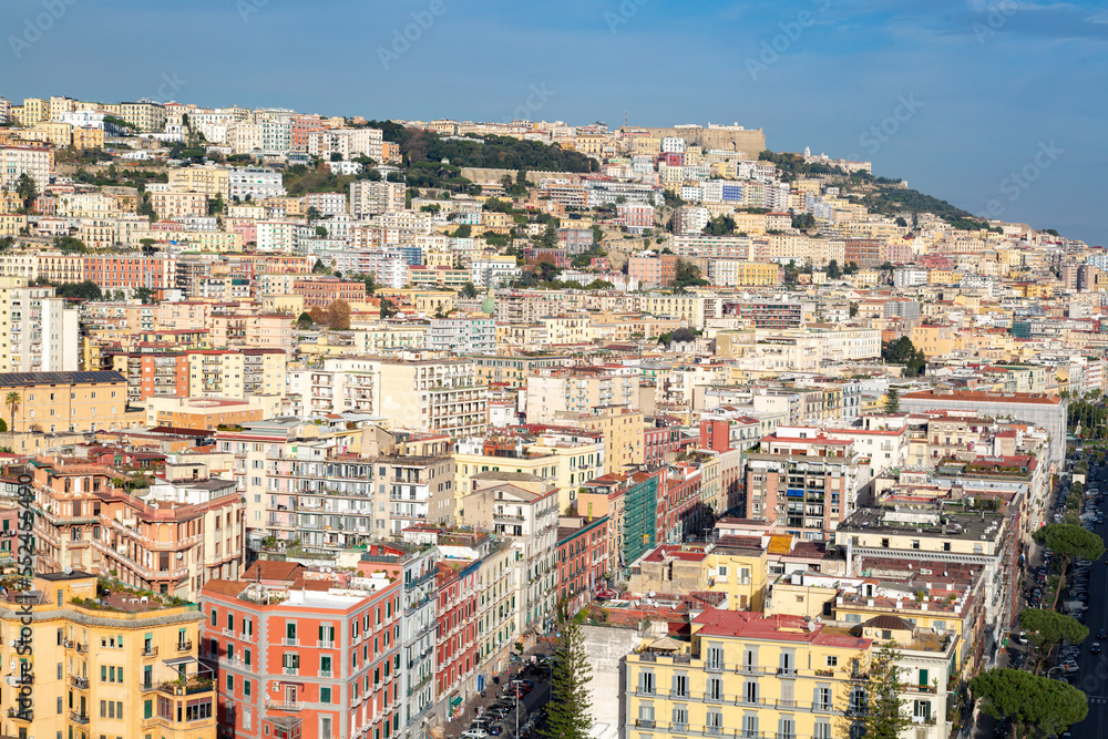 Panoramic view of the city of Naples in southern Italy. The historical part of the Italian Naples and the castle of Sant'Elmo on top of the city