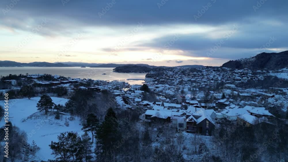 custom made wallpaper toronto digitalFlight toward the harbor of the coastal town of Osøyro, Bjørnafjorden, Norway during winter. Sunset.