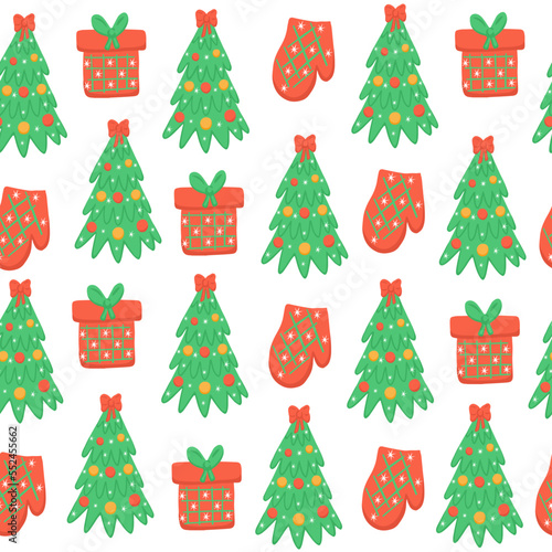 Christmas seamless pattern with pine tree and gift box. Vector holiday illustration