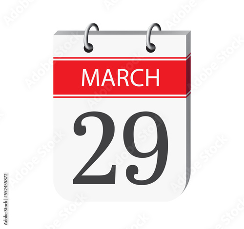 29 march calendar page vector. 3d one day calendar date appointment, event reminder illustration. Abstract three dimensional daily date calendar. 