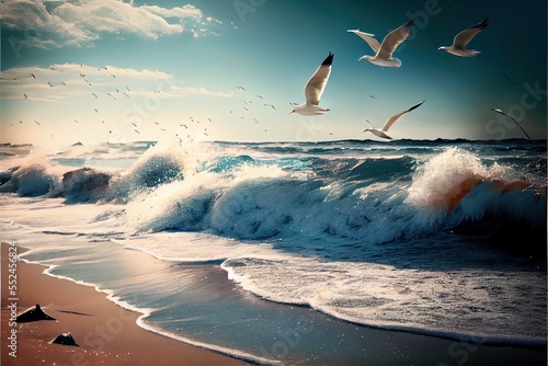  a flock of seagulls flying over a beach next to the ocean with waves crashing on the shore. Generative AI