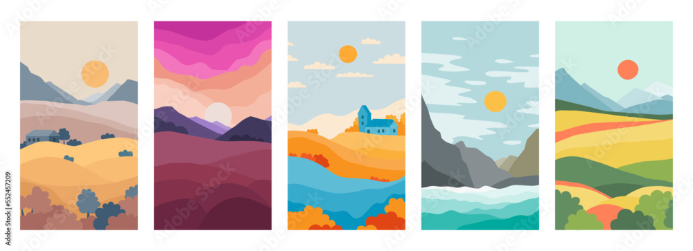 Different natural landscapes, field, forest, mountains, river, sea. A set of five vertical orientation illustrations for 16x9 phone screens. Flat vector for design.