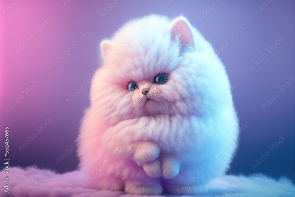 Tiny pink fluffy kitty cat. Cute pet portrait. So much fur like a soft dreamy cloud.