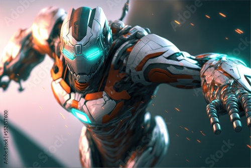Man cyborg super hero action pose in battle photo