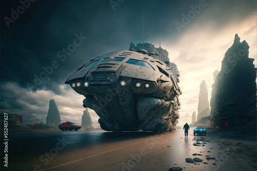 Fototapeta Naklejka Na Ścianę i Meble -  Huge space ship has landed on earth in times of war