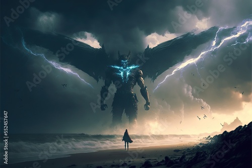 Giant dark neon angel nephilim creature with wings in the ocean. Sci-fi concept art. photo