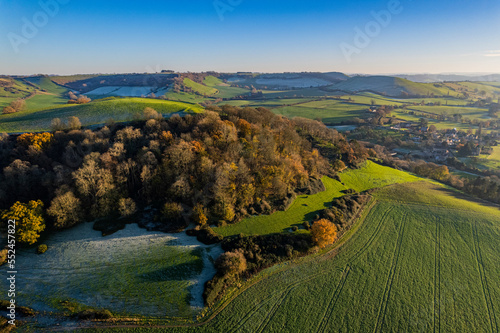 Aerial view of the Cadbury Hillfort and surrounding countryside in winter, Somerset, UK photo