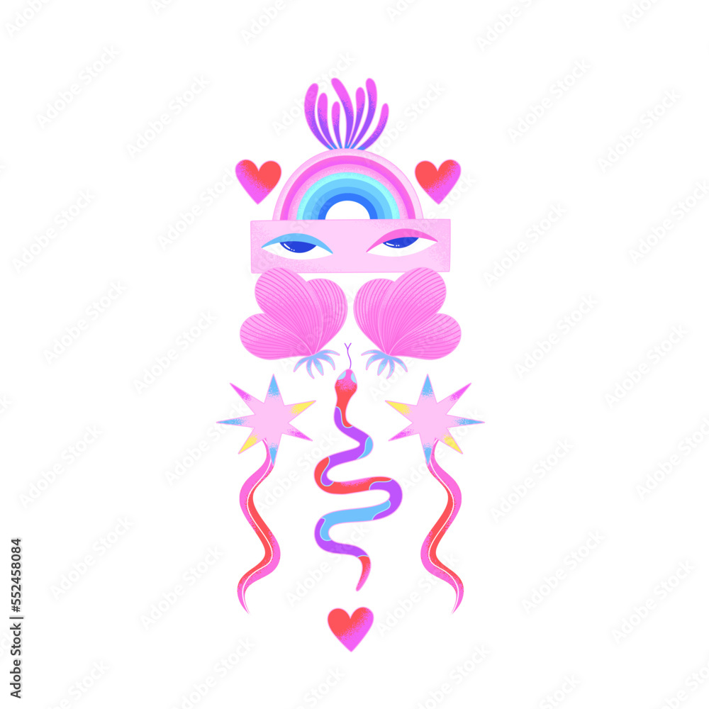 Colorful psychedelic composition with human eyes, snakes, stars, rainbow isolated on white background. Contemporary Art. Abstract design. Cover of notebook, print on t-shirt, poster, sticker Colorful psychedelic composition with human eyes, snakes, stars, rainbow isolated on white background. Contemporary Art. Abstract design. Cover of notebook, print on t-shirt, poster, sticker
