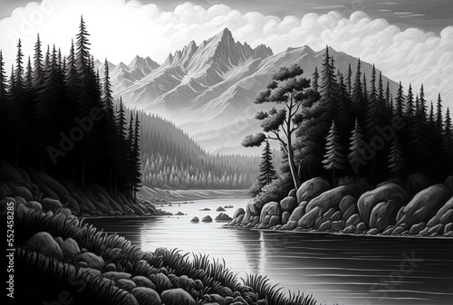 Shot in grayscale of a river in a scene with mountains, a lot of trees, and an overcast sky. Generative AI photo