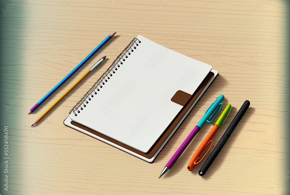 On a white wooden background, a notepad, pens, a holder, and a laptop. Generative AI On a white wooden background, a notepad, pens, a holder, and a laptop. Generative AI