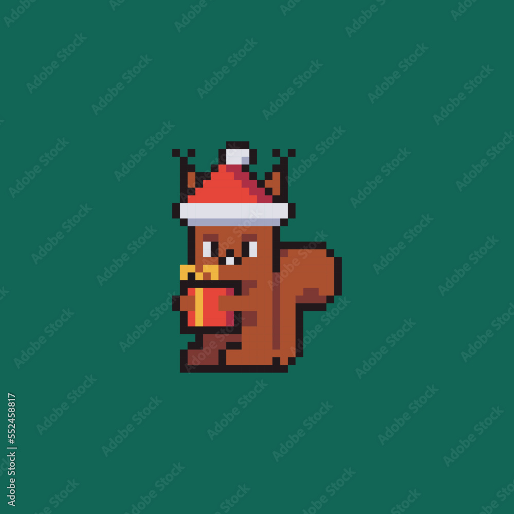 Funny squirrel with gift. Pixel art style. Vector illustration Funny squirrel with gift. Pixel art style. Vector illustration