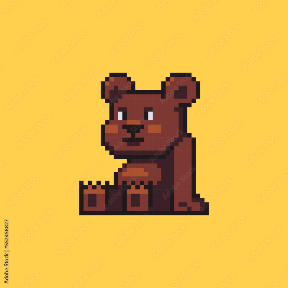 Cute happy fat bear sits and chills. Pixel art style. Vector illustration
