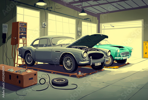 At a garage repair shop, two automobiles are being lifted for maintenance. Generative AI