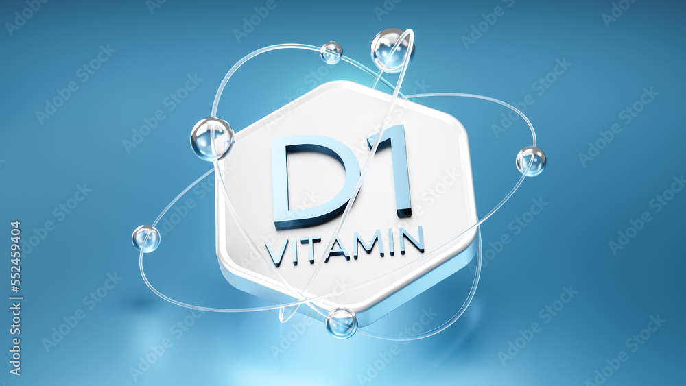 vitamin d1 symbol on a hexagon with orbits, floating atoms and ...