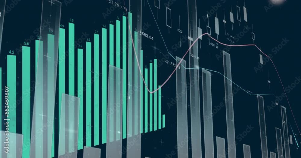 Animation of blue graph over graphs and charts processing data on black background