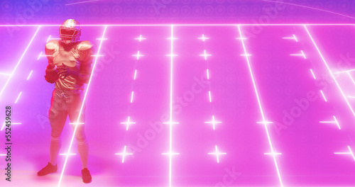 Composite of illuminated american football field and player with ball standing over pink background