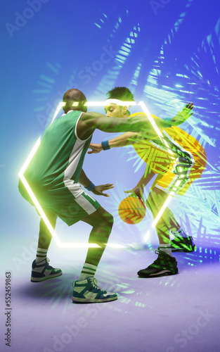 African american basketball players dribbling ball by illuminated plants and hexagon, copy space