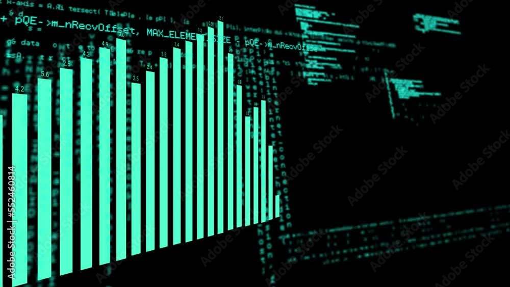 Animation of blue graph over processing data on black background Animation of blue graph over processing data on black background