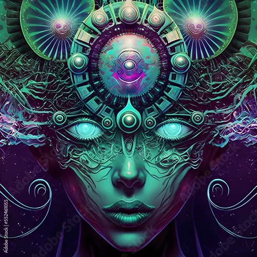 Fototapeta na wymiar psychedelic woman full face portrait looking straight into camera, neural network generated art