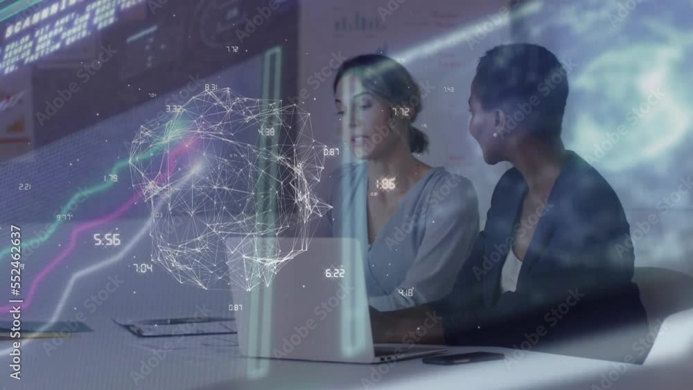 Animation of network processing data over diverse businesswomen talking in office Animation of network processing data over diverse businesswomen talking in office