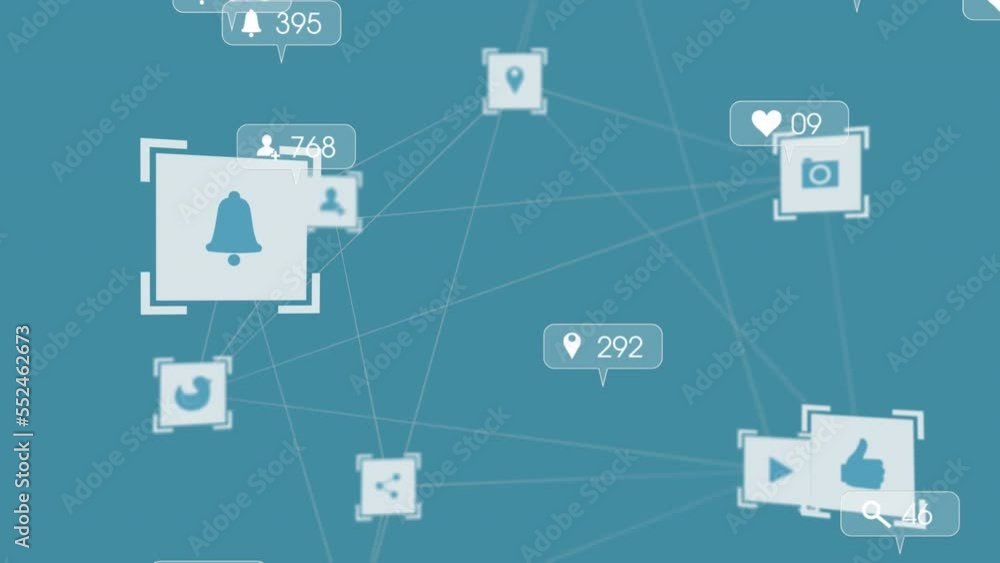 Animation of network of media icons over social network notifications on blue background Animation of network of media icons over social network notifications on blue background