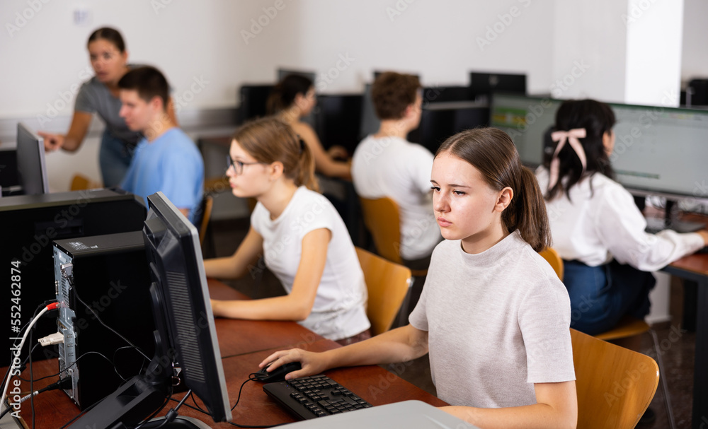 Fototapeta premium Teenager girl using computer during computer sciene lesson in school.