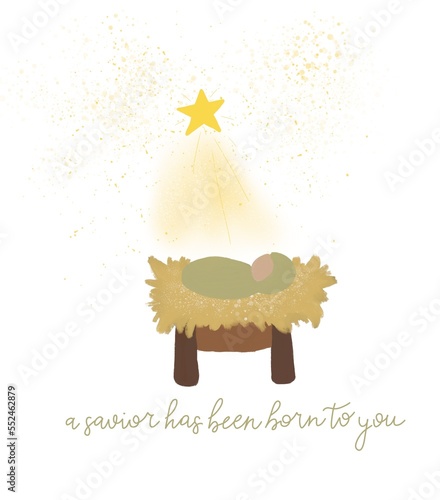 The newborn Jesus is lying in a manger. The star of Bethlehem points the way to Jesus. Idea for a postcard, greeting card, flyer