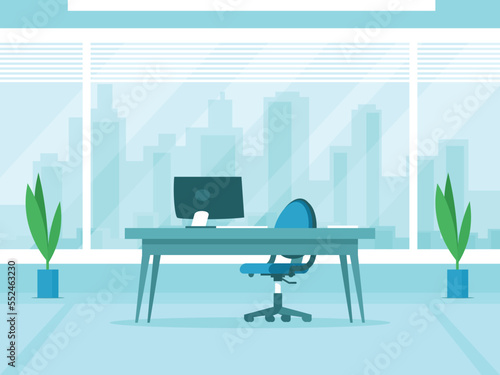 Empty office interior with large window. Window overlooking city buildings. Boss workplace. Table with computer and armchair. Vector graphics